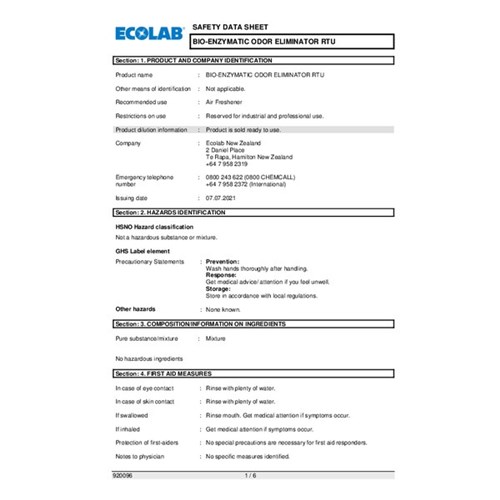 Ecolab Bio-Enzymatic Odour Eliminator Spray RTU 946ml, Carton of 6