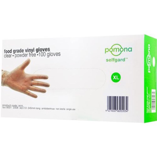 Pomona Selfgard Disposable Gloves Powder Free Food Grade XL Clear, Carton of 10 Packs of 100
