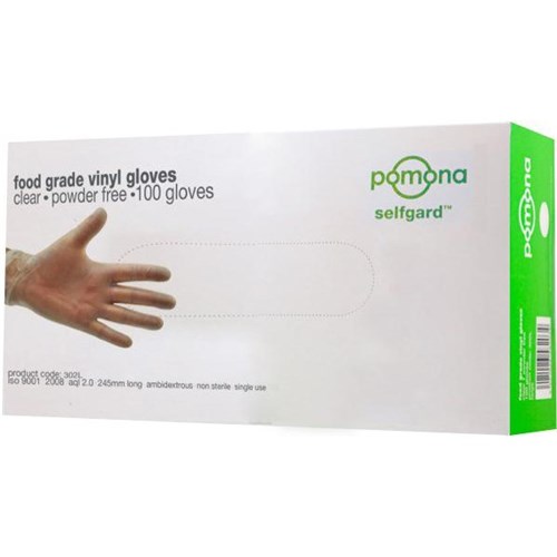 Pomona Selfgard Disposable Gloves Powder Free Food Grade Clear, Carton of 10 Packs of 100