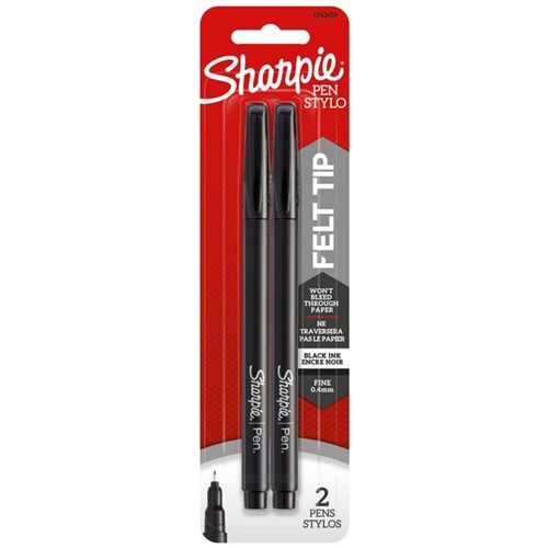 Sharpie Fineliner Black Fibre Tip Pen 0.4mm - 0.8mm Tip, Pack of 2