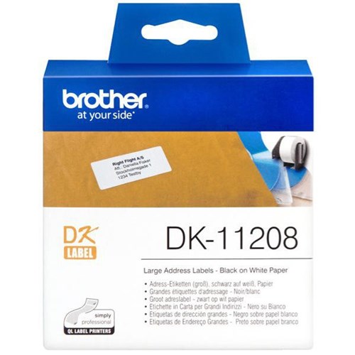 Brother Address Labels DK-11208 Large 38x90mm Black on White, Roll of 400