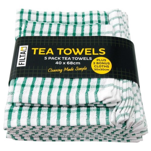 Filta Blended Cotton Tea Towel Green, Pack of 5 + 2 Cloths