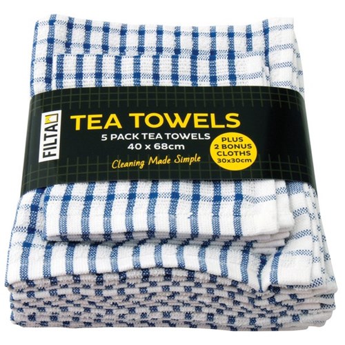 Filta Blended Cotton Tea Towel Blue, Pack of 5 + 2 Cloths