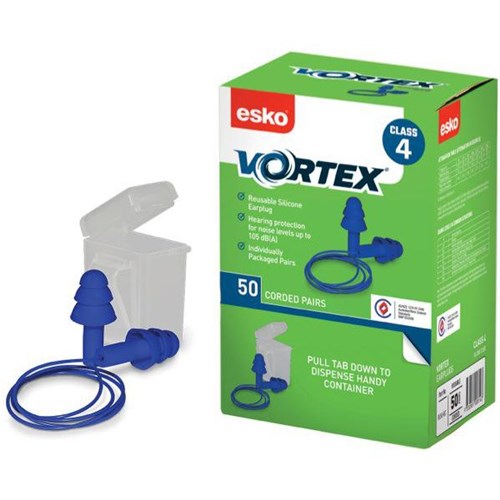 Esko Vortex Earplugs Class 4 Reusable Corded, Box of 50 Pairs
