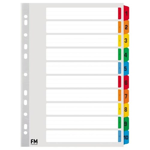FM Index Dividers 10 Tab 1-10 Reinforced A4 Cardboard Colour