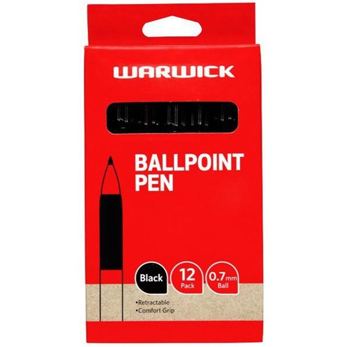 Warwick Black Retractable Comfort Grip Ballpoint Pens 0.7mm Fine Tip, Box of 12