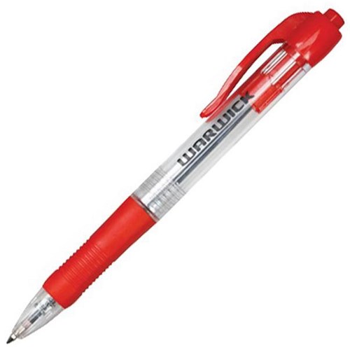 Warwick Red Retractable Comfort Grip Ballpoint Pens 0.7mm Fine Tip, Box of 12