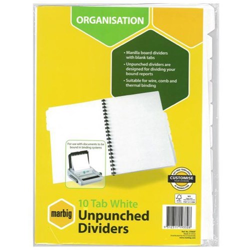 Marbig Manilla Index Dividers 10 Tab Unpunched A4 White