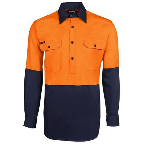 JB's Wear Hi Vis Shirt Long Sleeve Closed Front Orange/Navy