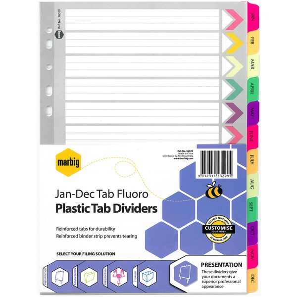 Marbig Index Dividers 12 Tab Jan-Dec A4 Plastic Fluoro Colours