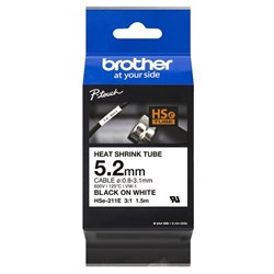 Brother Labelling Tape Cassette Heat Shrink HSe-211E 5.2mm x 1.5m Black on White