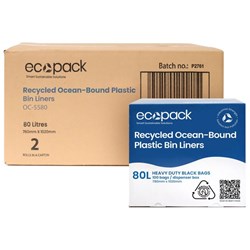 Ecopack Recycled Ocean-Bound Plastic Bin Liners 80L Black, Carton of 2 Boxes of 100