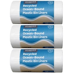 Ecopack Recycled Ocean-Bound Plastic Bin Liners Large 36L White, Carton of 3 Rolls of 30