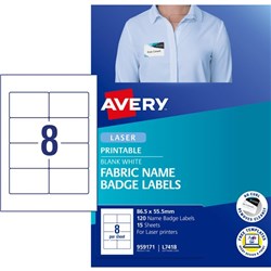 Avery Fabric Name Badge Labels  L7418 White 8 per Sheet