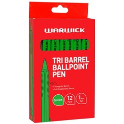 Warwick Green Tri Barrel Ballpoint Pen 1.0mm Medium Tip, Box of 12