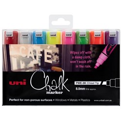 Uni Chalk Marker Chisel Tip 8mm Assorted Colours, Pack of 8