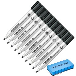 Staedtler 351 Lumocolor Black Whiteboard Markers Bullet Tip, Set of 10