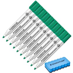 Staedtler 351 Lumocolor Green Whiteboard Markers Bullet Tip, Set of 10