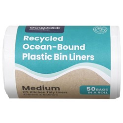 Ecopack Recycled Ocean-Bound Plastic Kitchen Tidy Bin Liners Medium 27L, Roll of 50