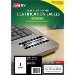Avery Heavy Duty ID Laser Labels L6013 Silver, Pack of 20 Sheets