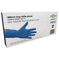 Selfgard Nitrile Disposable Gloves Powder Free Medical Grade Long Cuff 300mm Blue 2XL, Pack of 90