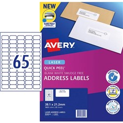 Avery Quick Peel Address Laser Labels L7651 White 65 Per Sheet