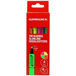 Warwick Tri Barrel Slimline Highlighters Assorted Colours, Pack of 4