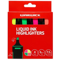 Warwick Liquid Ink Stubby Highlighters Assorted Colours, Pack of 4