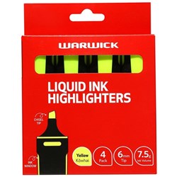 Warwick Liquid Ink Stubby Highlighters Yellow, Pack of 4