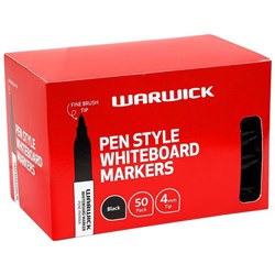 Warwick Pen Style Whiteboard Markers Fine Tip Black, Box of 50