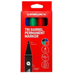 Warwick Tri Barrel Permanent Markers Bullet Tip Assorted Colours, Pack of 4