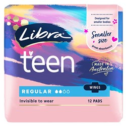 Libra Teen Regular Pads with Wings, Carton of 6 Packs of 12