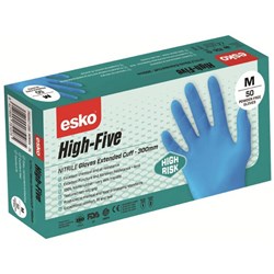 Esko High Five High Risk Nitrile Gloves Blue Medium, Carton of 10 Packs of 50