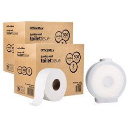 OfficeMax Toilet Tissue 2 Ply Jumbo 300m, 2 Cartons of 8 Rolls