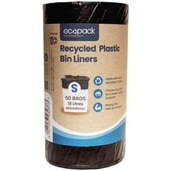 Ecopack Recycled Plastic Bin Liners Small 18L Black, Roll of 50