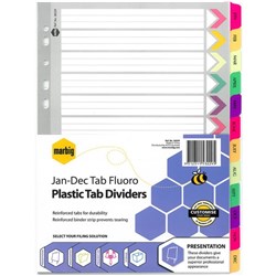Marbig Index Dividers 12 Tab Jan-Dec A4 Manilla/Plastic Fluoro Colours