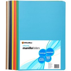OfficeMax Manilla Folders Foolscap Assorted Colours, Pack of 50