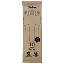 BioPak Disposable Wooden Forks 160mm, Pack of 10