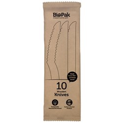 BioPak Disposable Wooden Knives 160mm, Pack of 10