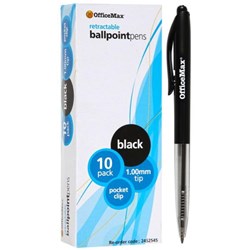 OfficeMax Black Retractable Ballpoint Pens 1.0mm Medium Tip, Pack of 10