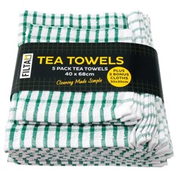 Filta Blended Cotton Tea Towel Green, Pack of 5 + 2 Cloths