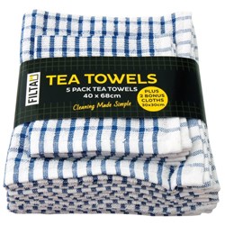 Filta Blended Cotton Tea Towel Blue, Pack of 5 + 2 Cloths
