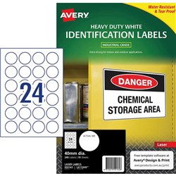 Avery Heavy Duty Identification Laser Labels L6112HD 40mm White 24 Per Sheet