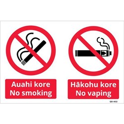 Auahi Kore/No Smoking Hakohu Kore/No Vaping Plastic Sign Maori/English 450x300mm