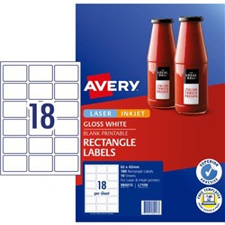 Avery Rectangular Glossy Laser Labels L7109 White 18 Per Sheet