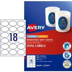 Avery Oval Removable Laser Labels L7101REV White 18 Per Sheet