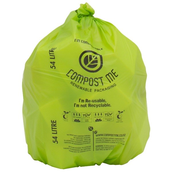 Compost Me Rubbish Bags 315 x 315 x 850mm 54L Green, Roll of 50
