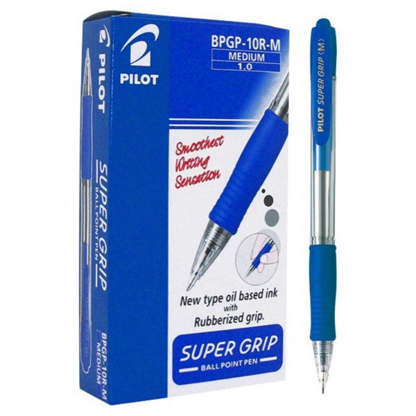 Pilot Supergrip Blue Retractable Ballpoint Pen Medium Tip, Pack of