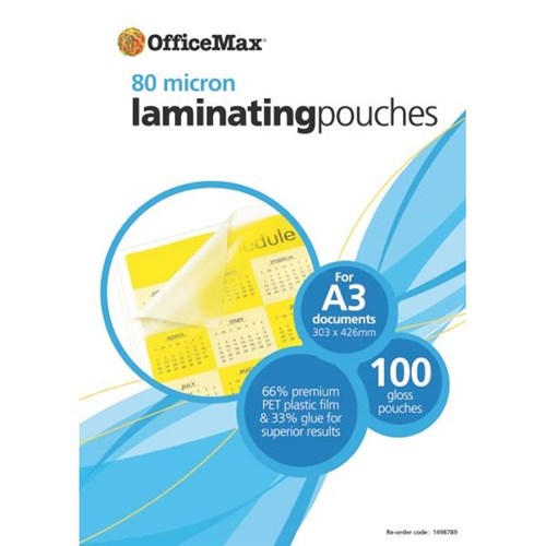 OfficeMax A3 Laminating Pouches Gloss 80 Micron, Pack of 100 | OfficeMax NZ