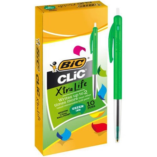 Bic Clic Green Retractable Ballpoint Pens Medium Tip, Pack of 10